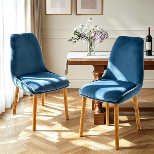Dining Chairs Set of 2, Soft Fabric Upholstery Armless with Wood Legs Blue - color: Blue