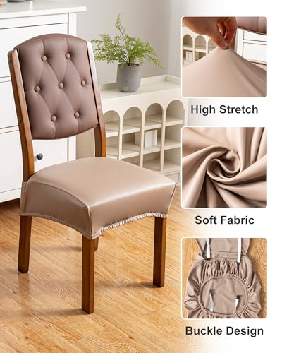 Genina Dining Chair Covers Set of 6, Waterproof PU Leather Dining Seat Covers Stretch Wipeable Dining Room Seat Cover Kitchen Chair Slipcover Protector (Rear-Covered Design, Khaki) - color: Khaki, size: Rear-Covered 6PCS