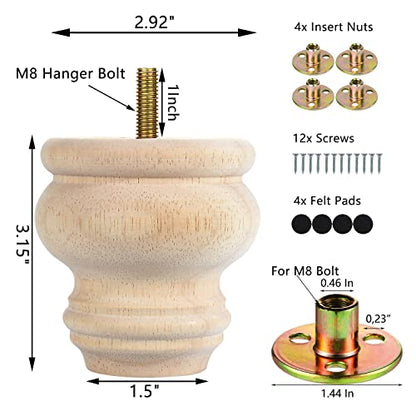 Michanco 3 Inch Unfinished Bun Feet Set of 4 Wood Furniture Legs Replacement Wooden Legs for Sofa Couch Cabinet Ottoman - color: 3 Inch Unfinished