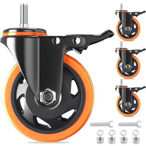 5" Stem Caster Set of 4 Heavy Duty 3/8" Threaded Mount Casters Wheels - color: Orange, size: 5in(3/8"-16)