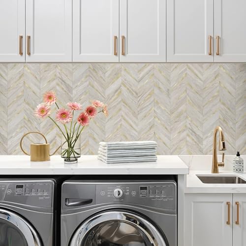 STICKGOO Herringbone Tile Peel and Stick Backsplash for Kitchen&Bathroom - color: Sunny Beige Mixed Metal Gold