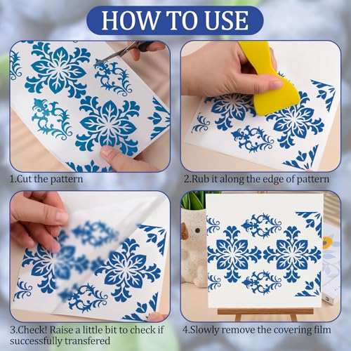 WANDIC 3 Sheets Rub On Transfer Stickers, Blue and White Porcelain Damask Decals Waterproof Stickers for Albums Furniture,15 * 30cm - color: Blue and White Porcelain Pattern