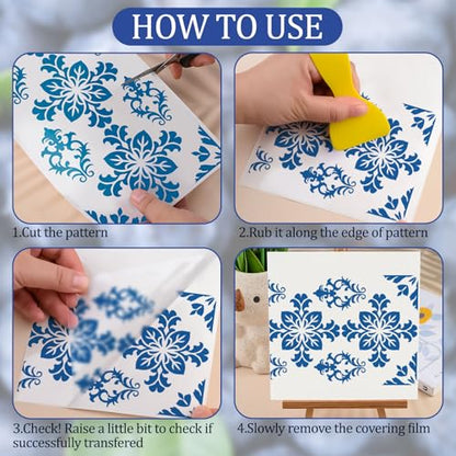 WANDIC 3 Sheets Rub On Transfer Stickers, Blue and White Porcelain Damask Decals Waterproof Stickers for Albums Furniture,15 * 30cm - color: Blue and White Porcelain Pattern