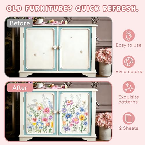 Joeyan Floral Rub On Transfers for Crafts and Furniture, 2 Sheets Large Flower Butterfly Rub on Stickers DIY Transfer Decals for Wood Glass Metal Canvas Porcelain Plastic Home Decor, 11" x16" - style: Flower Butterfly
