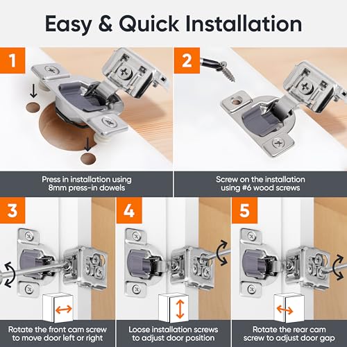 Decobasics 50 Pack Soft Close Cabinet Hinges – 1" Overlay for Kitchen Cabinet Doors, Face Frame Concealed Hidden Hinges – Stainless Steel, Self-Closing with 3-Way Adjustment & Slow Close Damper - size: 1 Inch