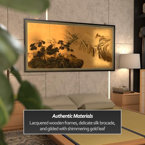 Red Lantern Mountaintop Waterfall on Gold Leaf - color: Mountain Waterfall