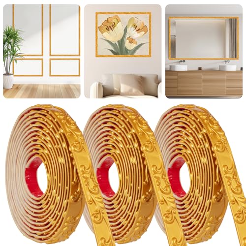 3 Pack 16.4FT Gold Peel and Stick Crown Molding Trim Kit – Self-Adhesive Decorative Trim for Mirror Borders, Doors & Cabinets - color: Gold 3 Pack