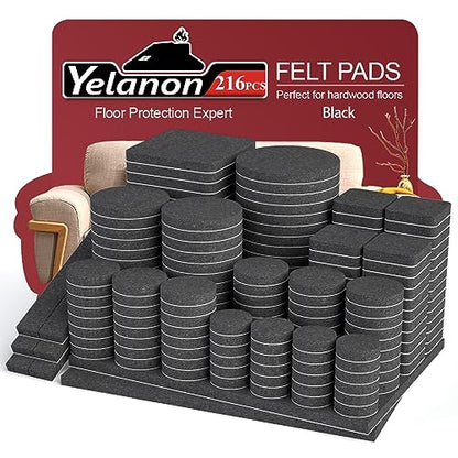 Felt Furniture Pads for Hardwood Floors -Yelanon Felt Pads for Chair Legs - size: 216 pcs Black