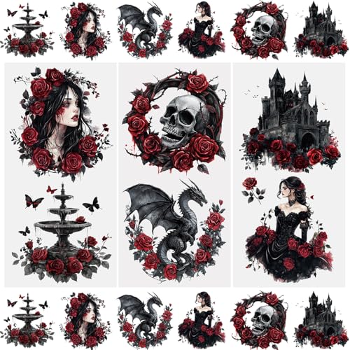 WANDIC 3 Sheets Rub On Transfer Stickers, Retro Dark Theme Waterproof Decals Furniture Craft Decorative, Junk Journals for DIY Scrapbooking, 15 * 30cm - color: Retro Dark Theme