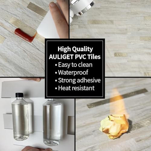 AULIGET 20 Sheets Faux Stone Peel and Stick Backsplash, Beige Marble Look PVC Wall Tile Stick on Backsplash for Kitchen and Bathroom - color: Beige Marble + Metal Gold, size: 20 Sheets, 6"x12"x0.12"