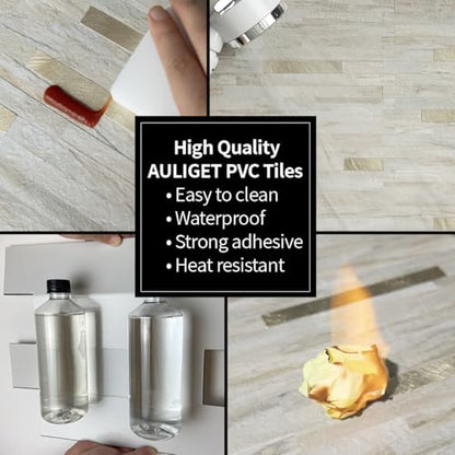 AULIGET 20 Sheets Faux Stone Peel and Stick Backsplash, Beige Marble Look PVC Wall Tile Stick on Backsplash for Kitchen and Bathroom - color: Beige Marble + Metal Gold, size: 20 Sheets, 6"x12"x0.12"