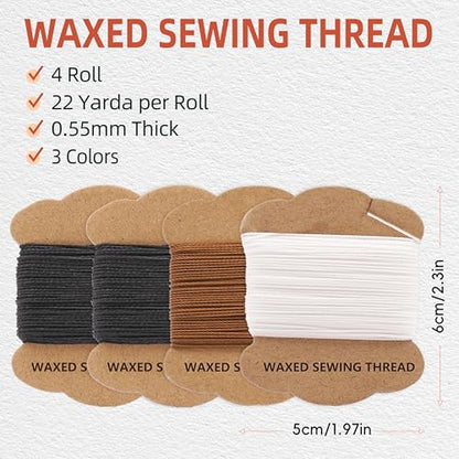 Upholstery Repair Kit: Extra Strong Waxed Sewing Thread 4 Rolls (3 Colors) &Heavy Duty Household Hand Needles (7 PCS) for Leather, Canvas, Bookbinding & Quilting Thread - color: Black, white, brown