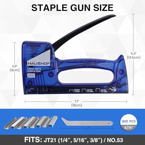 HAUSHOF Light Duty Staple Gun, Upholstery Staple Gun with 800PCS JT21 Staples and Stapler Remover, Fits JT21 Staple of 1/4'', 5/16'' & 3/8'', Used for Wood, Classroom, Crafts, DIY (Blue Transparent) - color: Blue Transparent