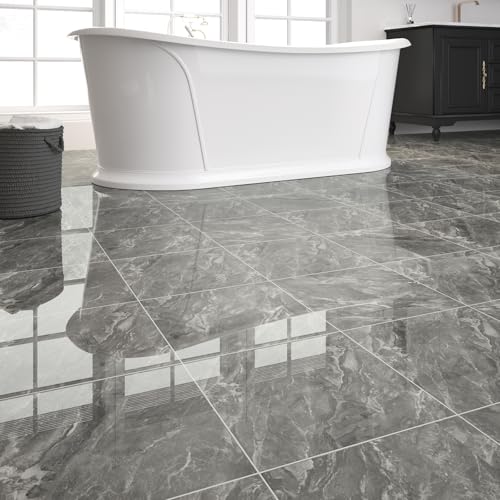 20-Pack 19.34 Sq.Ft Peel and Stick Floor Tiles Vinyl Glossy Pattern Flooring, 11.8” x 11.8” Self Adhesive Vinyl Flooring DIY for Kitchen, Bathroom, Laundry, Polish Dark Grey Marble - color: Polish Dark Grey Marble