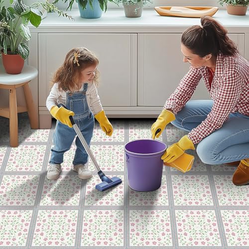 HOMETITUTE Pink Vine Flower Leaf Peel Stick Floor Tile 12x12 Vinyl - color: Pink#2