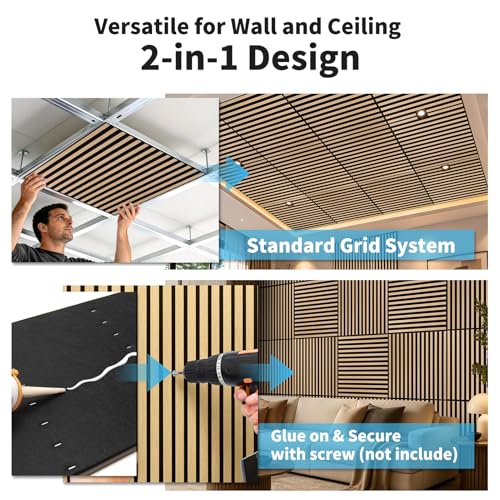 Art3d 6-Pack Acoustic Wood Slat Panel & Ceiling Tile, 2 x 2 ft, Natural Oak - color: Natural Oak, size: 24 x 24 inch