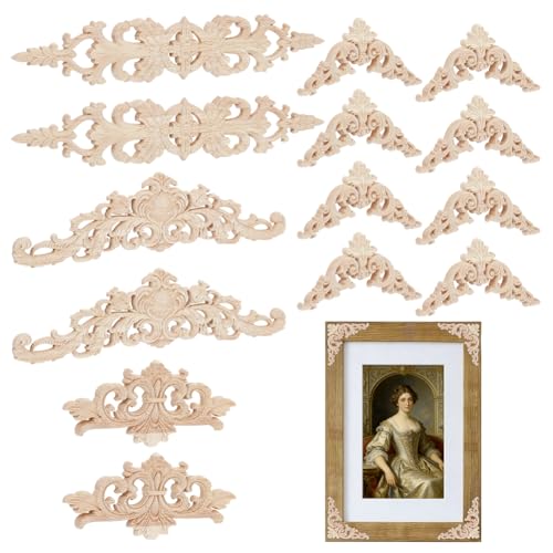 PH PandaHall 14pcs 4 Styles Wood Appliques and Onlays Carved Flower Decorative Wooden Furniture Embellishments Carving Decals DIY Carved Furniture Appliques for Bed Door Cabinet Wall Cupboard Wardrobe