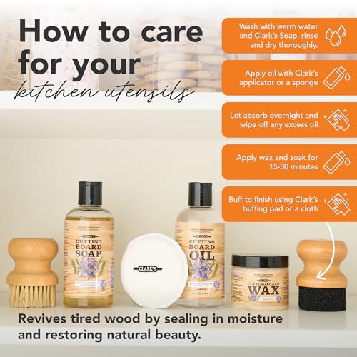 CLARK'S Cutting Board Care Kit - Includes Mineral Oil - Finishing Wax (6oz) - Applicator - Scrub Brush - Buffing Pad - Infused with Lavender and Rosemary Extract - Features Clark's Cutting Board Wax - style: Lavender and Rosemary Extract (Full Care Set)