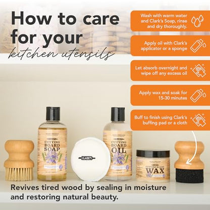 CLARK'S Cutting Board Care Kit - Includes Mineral Oil - Finishing Wax (6oz) - Applicator - Scrub Brush - Buffing Pad - Infused with Lavender and Rosemary Extract - Features Clark's Cutting Board Wax - style: Lavender and Rosemary Extract (Full Care Set)