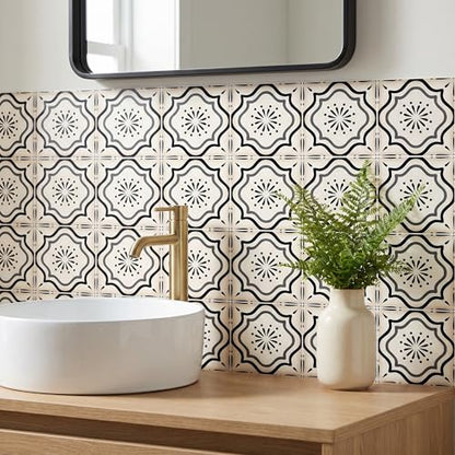 30 Count Moroccan Tile Decals 4 in – Self Adhesive Vinyl Wall Stickers, Waterproof Peel & Stick for Kitchen Backsplash, Bathroom, Stair Tread Accent, Neutral Tan/Black (Black) - color: Black