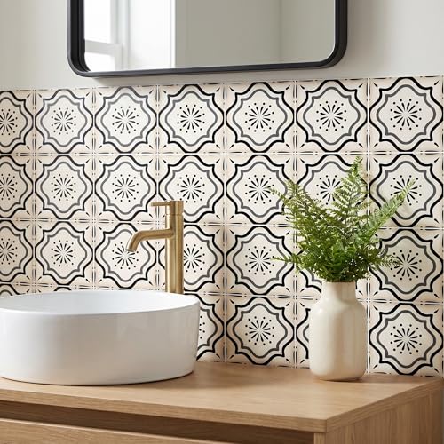 30 Count Moroccan Tile Decals 4 in – Self Adhesive Vinyl Wall Stickers, Waterproof Peel & Stick for Kitchen Backsplash, Bathroom, Stair Tread Accent, Neutral Tan/Black (Black) - color: Black