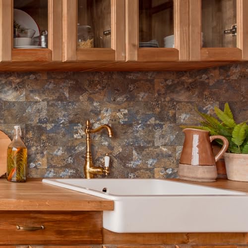 2026 New Upgrade Peel and Stick Backsplash Tile, Peel and Stick 11.34" X 11.57" Wall Tile for Kitchen, Bathroom, Fireplace, Laundry (Brown Stone Rock, 10 Packs) - color: Brown Stone Rock