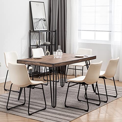7-Piece Industrial Dining Set with 6 Faux Leather Chairs, Brown - color: Brown-a