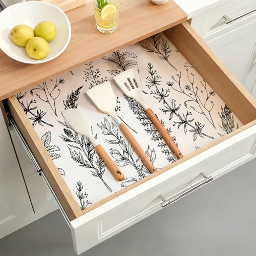 Quttisay Shelf Liner Non Adhesive Kitchen Drawer Liner 12in x 16.4ft - color: Black Floral, size: 11.8"W x 196.8"L