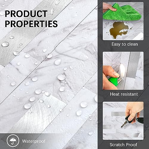 Midcard 10 Sheet Peel and Stick Backsplash Tile, Stick on Tiles for Backsplash Kitchen, Bathroom, Laundry Room, Camper, Fireplace. - color: 20Trapezoidal White Marble with Metallic Silver