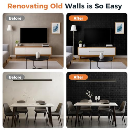 Circloophs 30 Pcs 3D Wall Panels Stick and Peel, Black Brick Printable 3D Wallpaper Stick and Peel Self Adhesive Waterproof Foam Faux Brick Paneling for Bedroom, Bathroom, Kitchen, Fireplace - color: Black