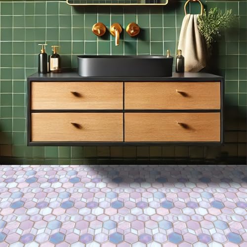 HOMETITUTE Pink Blue Hexagon Honeycomb Floor 12x12 Vinyl Tile - color: Pink