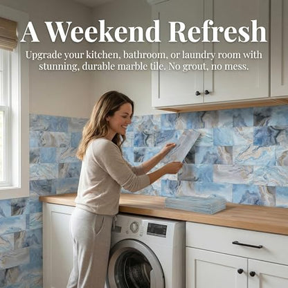 32 Sheets Blue Onyx Marble Look Peel & Stick Subway Tile 4"x8" - color: Blue Onyx Marble, size: 32 Pcs 4" x 8" x 0.07"