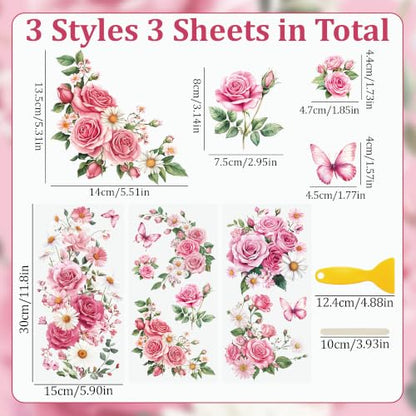 WANDIC 3 Sheets Rub on Transfers for Crafts,Pink Rose Theme Scrapbooking Stickers Furniture Transfers Journal Stickers Flower Pattern Decals for DIY Water Bottle Window,15 * 30cm - color: Pink Rose