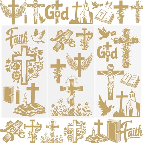 WANDIC 3 Sheets Rub On Transfer Stickers, Golden Cross Patten Waterproof Decals Furniture Craft Decorative, Junk Journals for DIY Cabinet, 15 * 30cm - color: Golden Cross Border