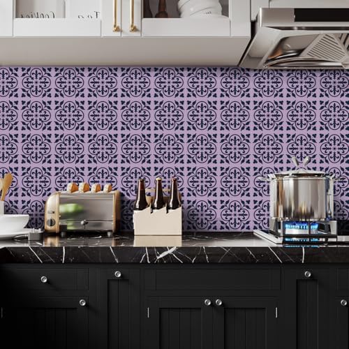 Alwayspon 12 Sheet 6x6inch 3D Thicken Foaming Board Vinyl Backsplash Marble Tiles, Self-Adhesive Peel and Stick Wall Tile Stickers Stick on Subway Tiles for Kitchen Bathroom Wall, Purple Black Floral - color: Purple Black Floral