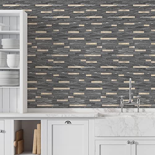 STICKGOO 20 Sheets Peel and Stick Backsplash Tile, Stick on Backsplash for Kitchen and Bathroom, Black Sandstone Look PVC Mixed Metal Gold Self Adhesive Wall Tiles - color: Black Sandstone + Metal Gold