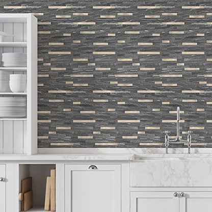 STICKGOO 20 Sheets Peel and Stick Backsplash Tile, Stick on Backsplash for Kitchen and Bathroom, Black Sandstone Look PVC Mixed Metal Gold Self Adhesive Wall Tiles - color: Black Sandstone + Metal Gold