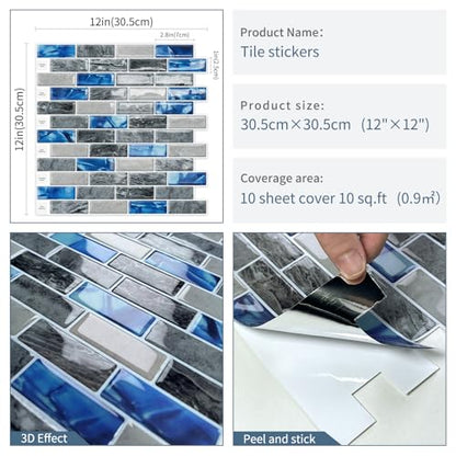 DEWOO Peel and Stick Backsplash 3D Self Adhesive Wall Tile Blue 10 Sheet - color: Marble Blue