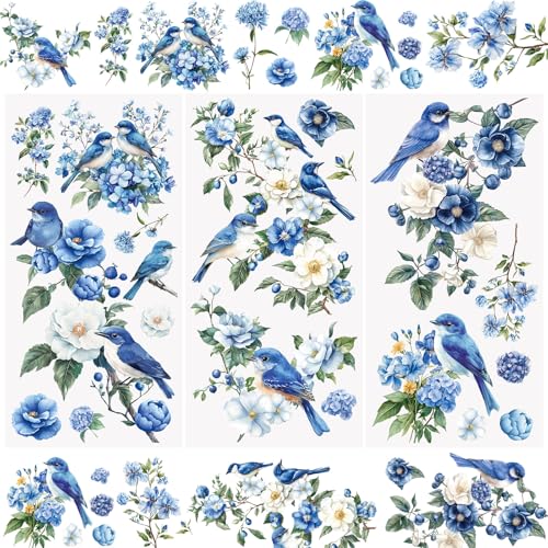 WANDIC 3 Sheets Birds Flowers Rub on Transfer Stickers, Waterproof Vintage Blue Floral Transfer Decals Camellia Plant Stickers for Crafts Furniture DIY Crafts Decoration,15 * 30cm - color: Birds