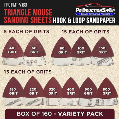 ProductionShop Premium Triangle Mouse Detail Sander Sandpaper Sheets, 160 Disc Variety Pack, Grits 40, 60, 80, 100, 120, 150, 180, 220, 320, 400, 600, 800 - Hook & Loop - Woodworking Furniture Tools - style: Variety Pack 160