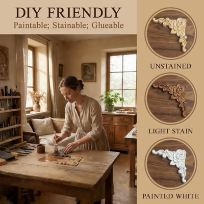 10Pcs Decorative Wood Carved Applique Corner Onlay Decorative Wood Applique DIY Wooden Carved Corner Unpainted Decals Wall Stickers Murals