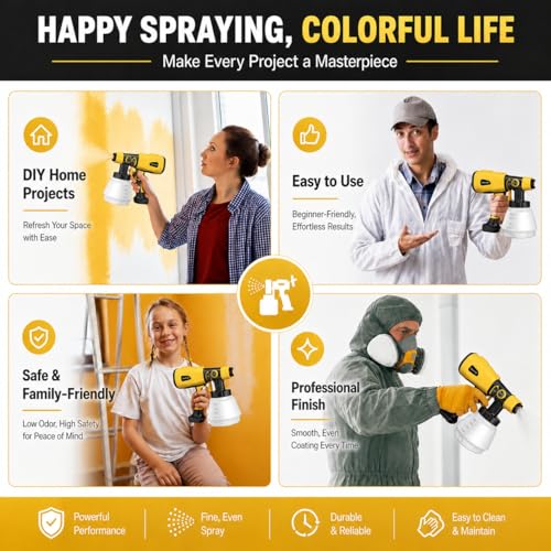 1000W High Power Paint Sprayer, Electric HVLP Spray Paint Gun with Adjustable Width Knob, 4 Nozzles & 3 Patterns, Easy to Clean for Furniture, Home Interior, House Painting(Yellow) - color: Yellow