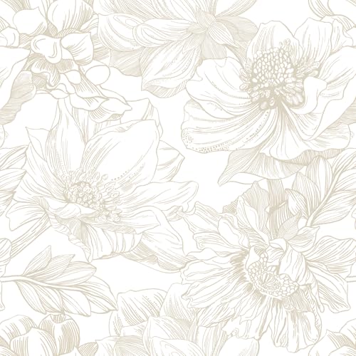 Ismoon Large Floral Peel and Stick Wallpaper Boho Beige Contact Paper 17.3inx6.5ft Neutral Wall Paper Removable Self Adhesive Wallpaper Bedroom Cabinet Bathroom Waterproof Mural Wall Decor Vinyl Roll - color: Beige, size: 17.3" x 78.7"
