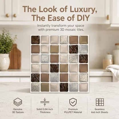 3D Mosaic Peel and Stick DIY Backsplash Tiles (24, Earthtone Brown) - color: Earthtone Brown
