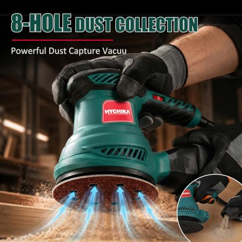 HYCHIKA 5‑Inch Random Orbital Sander, 6000‑13000 OPM, Electric Palm Sander, 6 Variable Speeds, 300W Motor with Upgraded Vacuum Dust Collector, 10 Pcs Sandpapers for Furniture Refinishing & DIY
