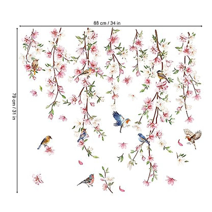 decalmile Pink Flower Vine Leaves Birds Sofa TV Wall Decals Stickers - color: A