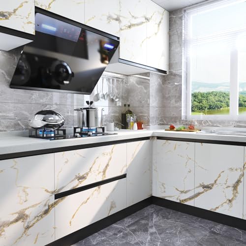 LACHEERY 317 x 36 Inch Extra Wide White and Gold Marble Wallpaper Peel and Stick Waterproof for Kitchen Countertop Contact Paper Heat Resistant Removable Large Roll Marble Wall Paper Kitchen Island - size: 36" x 317"
