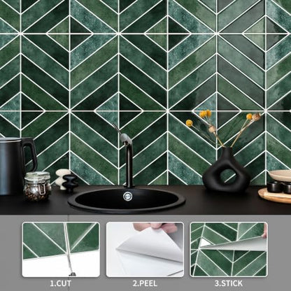 10-Sheet Herringbone Peel and Stick Backsplash Tiles for Kitchen, 3D Marble Look Self Adhesive Stick on Back Splashes Wall Tiles for Bathroom 11.5"x9" Dark Green - color: DarkGreen