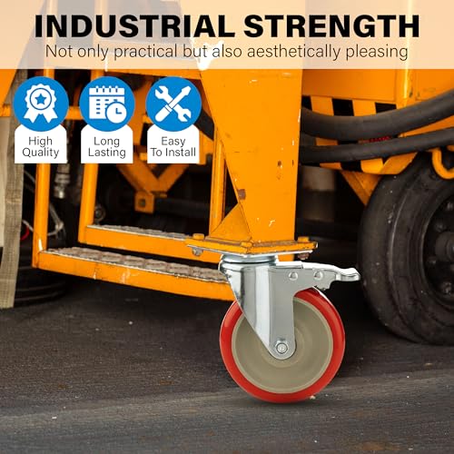 5 Inch Caster Wheels Heavy Duty Casters Set of 4, 2400 LBS Load Capacity - color: Red & Silver, size: 5 Inch