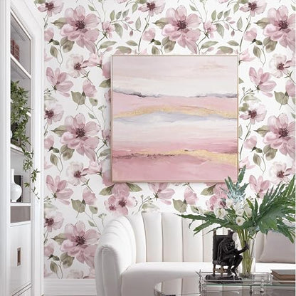 17.3''x78.7''Peel and Stick Wallpaper Boho Floral Contact Paper Pink Watercolor Flowers Leaf Wallpaper Removable Self-Adhesive Wall Paper for Bedroom Renter Friendly Vinyl
